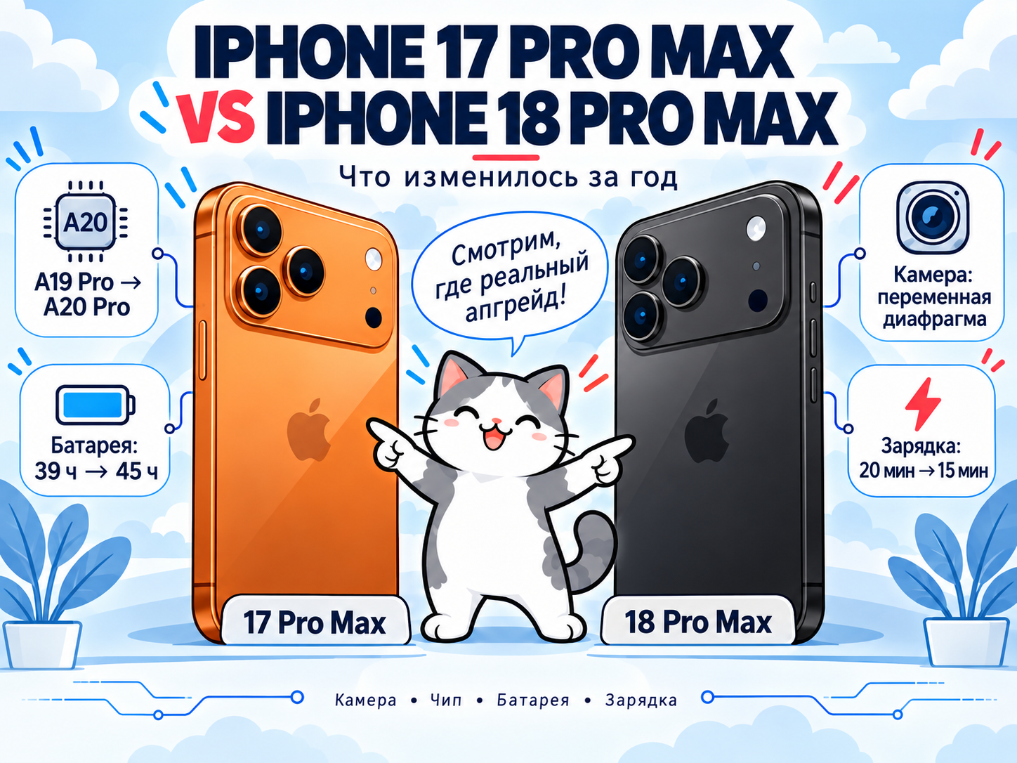 Кот SOBYRATEL сравнивает iPhone 17 Pro Max и iPhone 18 Pro Max