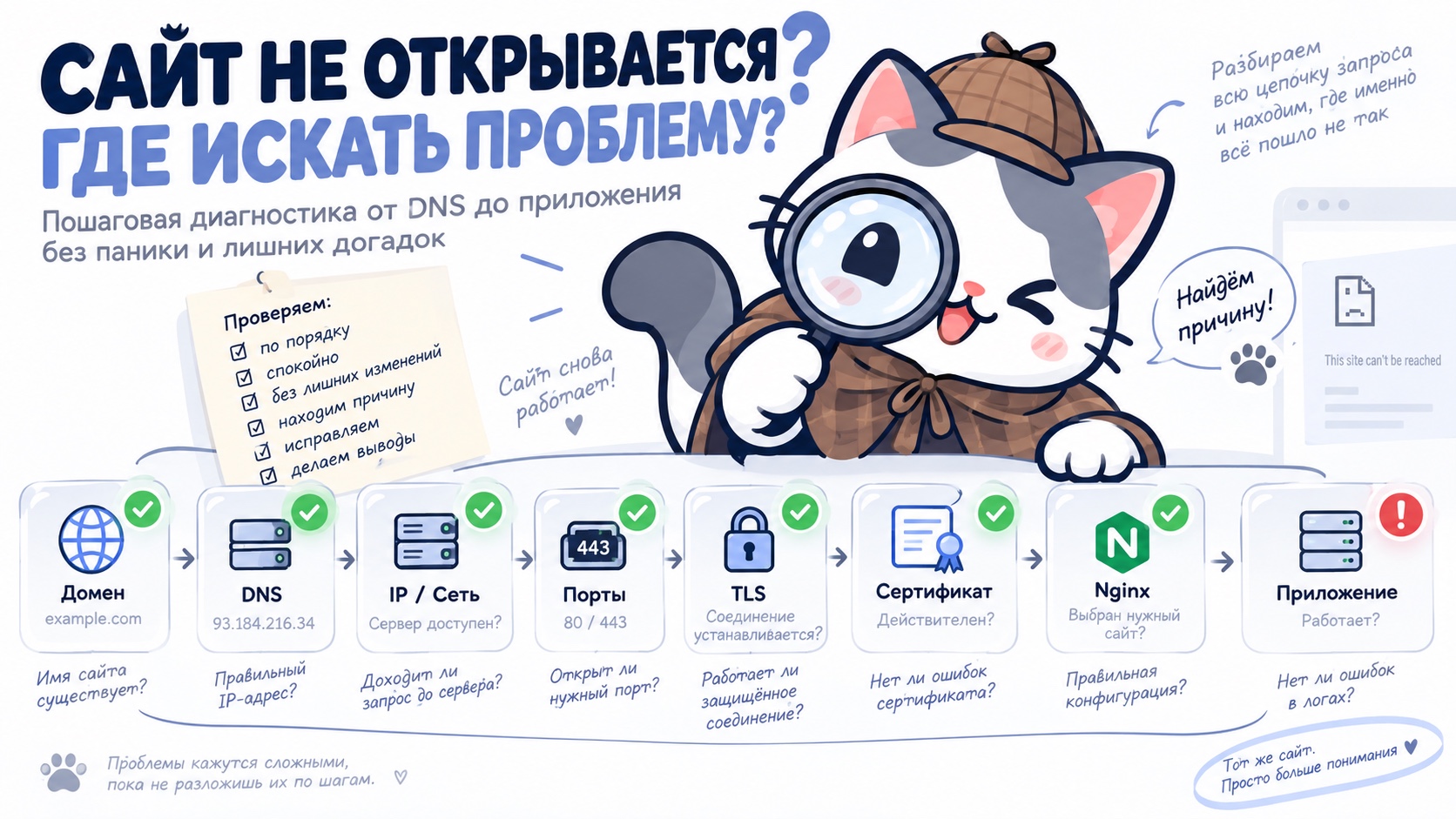 Кот-детектив диагностирует сайт от DNS до приложения